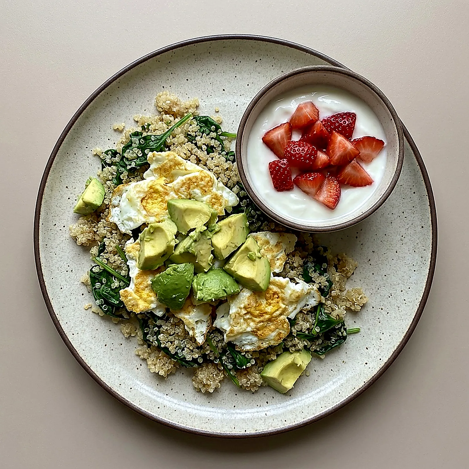 Quinoa con clara, espinaca y aguacate